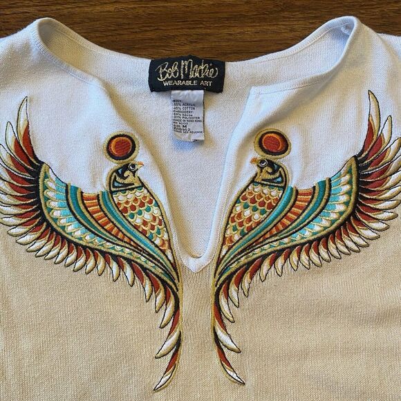 VTG 80s 90s Bob Mackie Wearable Art Embroidered Knit Sweater SZ L Beige Bird - Picture 4 of 7